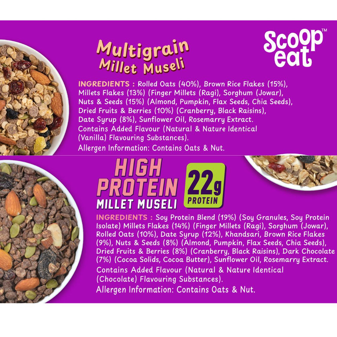 Scoopeat Assorted Muesli Pack of 2 Multigrain Muesli - 250gm & 22gm High Soy Protein Muesli