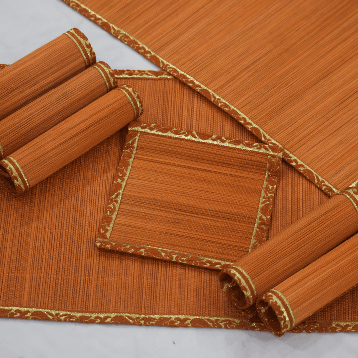 Zari Series | Bamboo Coasters (Set of 6) - Orange with Marigold Zari Accents