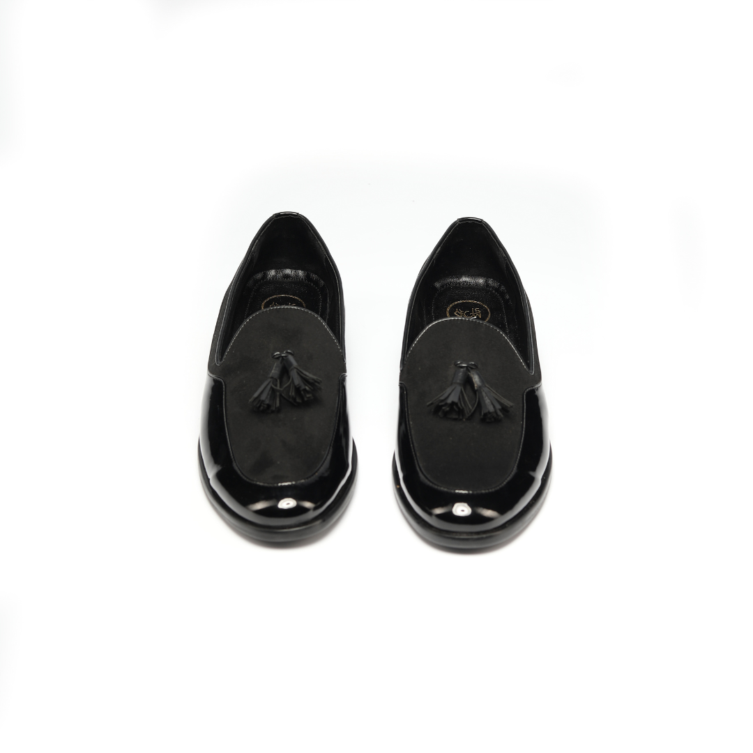 Monkstory Magnificos Patent With Suede Tasseled Slip Ons - Black