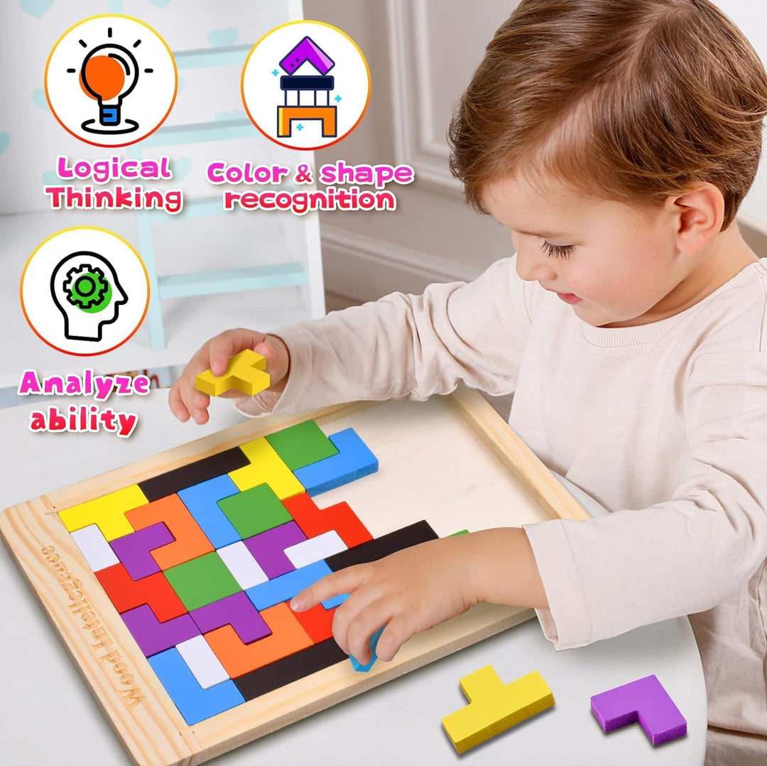 Wudly Toys Wooden Basic Russian Block Puzzle | Tetris Style, 10mm Blocks