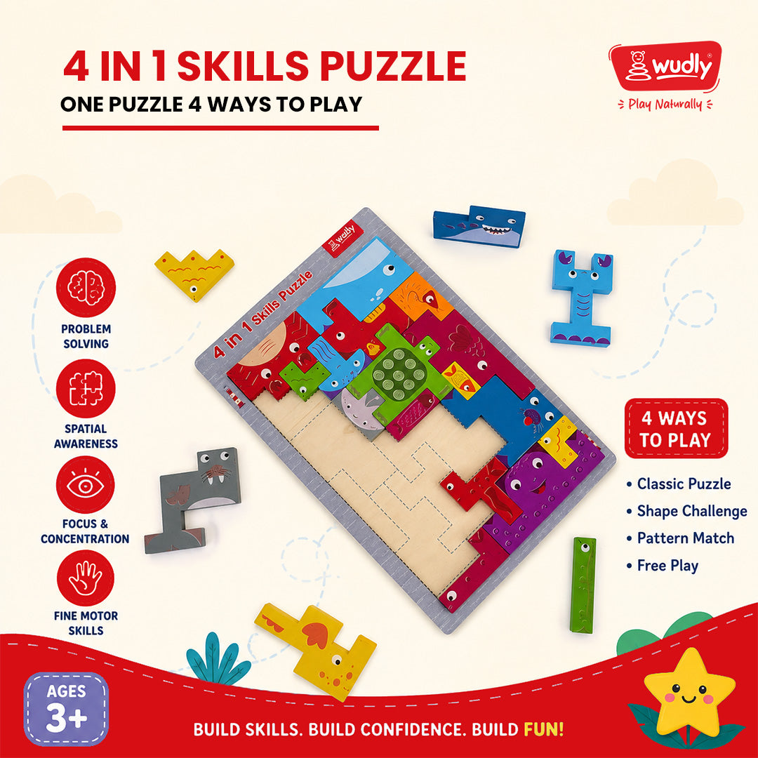 Wudly Toys Wooden 4 in 1 Traffic & Town Puzzle Board | Shape Matching