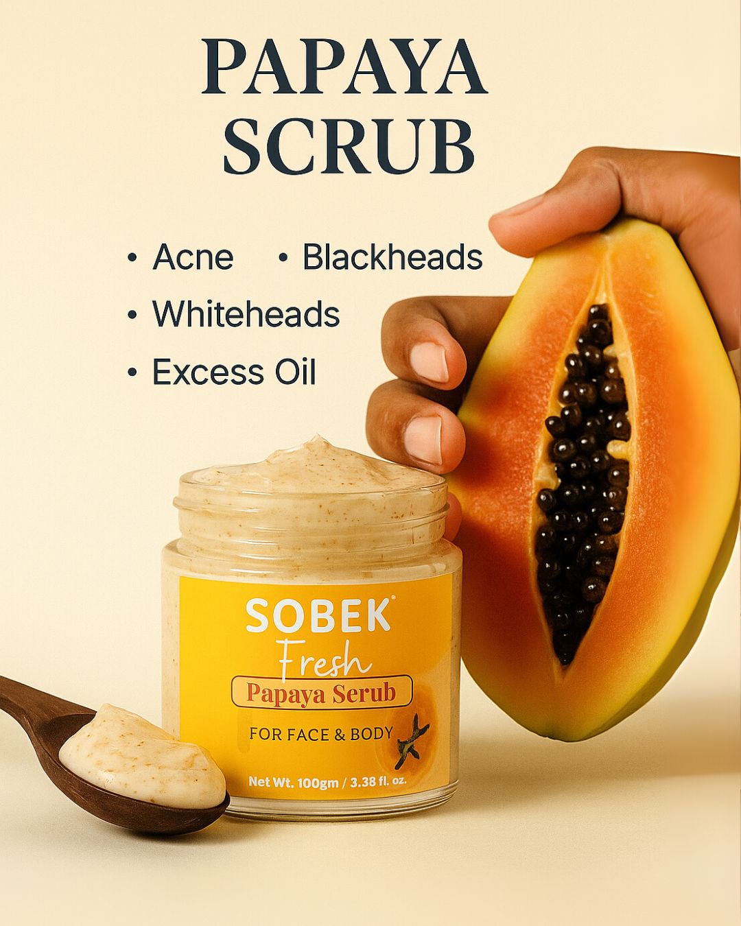 Sobek Naturals Fresh Papaya Exfoliating Face and Body Scrub For Acne and Tan 100 gm