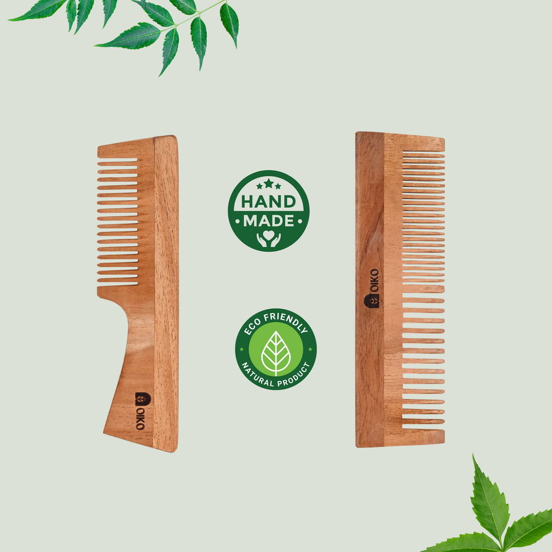 OIKO Neem Wood Hair Comb Combo Pack – Handle & Dual-Sided