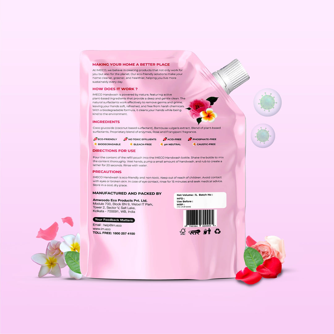 IMECO Bamboo Shakti Bath & Beauty Natural Hand Wash 1 Liter (Pouch) - pH Neutral - No Toxic Effluents, Removes Odors, 99.9% Germs Protection