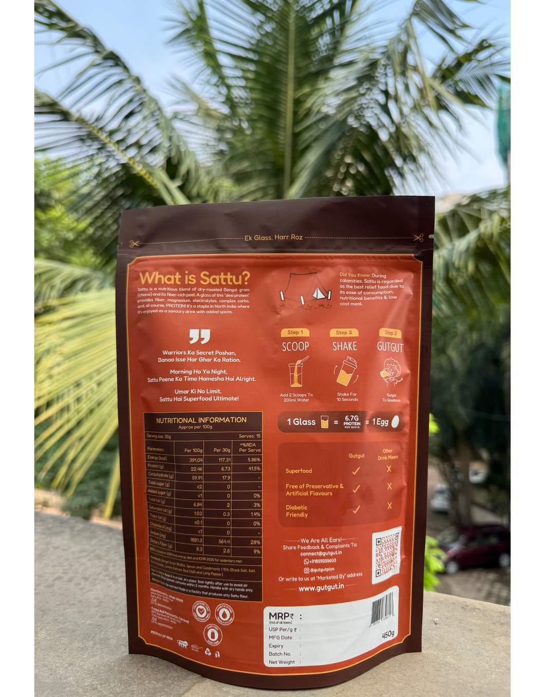 GutGut Sattu Masala Twist - Instant Drink Mix - 15 Glasses - 450 gm