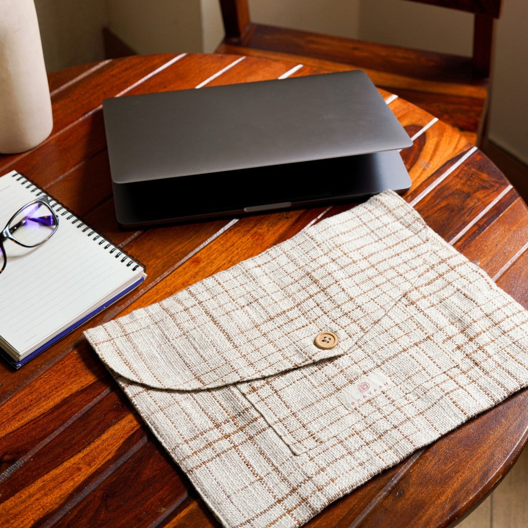 Pravaah Pai laptop sleeve | hemp cotton blend | washable | fits 11”-13” screen laptops | beige and brown