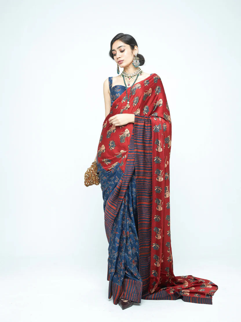 Anushé Pirani Eden Saree | Ajrakh Print Modal | Indigo & Terracotta, Pre-Stitched Option