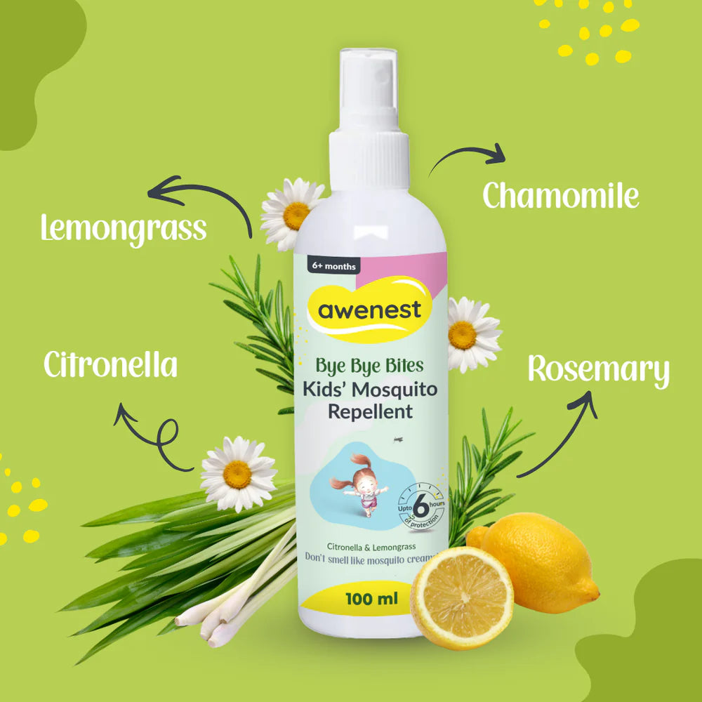 Mosquito Repellent Spray for Kids - awenest Bye Bye Bites | Citronella & Lemongrass Oils, DEET-Free | Safe for Babies 6+ Months | Skin-Friendly, Natural Insect Protection for Indoor & Outdoor Use – 100mlx2