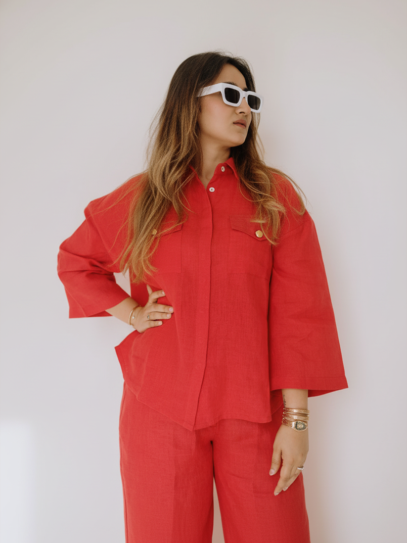 CRIMSON POCKET LINEN PANT SET