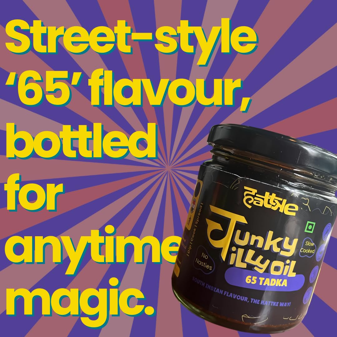 HATTKE Chunky Chilli Oil, 65 Tadka Flavour, South Indian Style Cooking & Drizzling Oil with Curry Leaves and Garlic, All Natural, No Preservatives, Natural & Fresh Ingredients - 175g