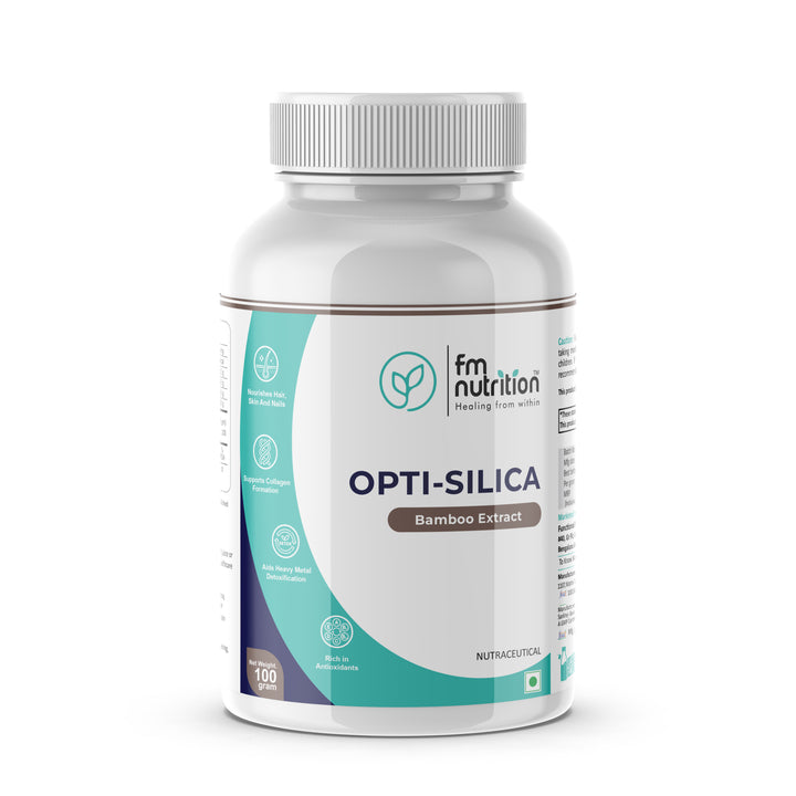 FM Nutrition Opti-Silica I Premium Quality Bamboo Extract I Helps in Detoxification I Good for Hair, Skin & Nails I Supports Bone, Joint & Cartilage Health I Trace Mineral I Anti-oxidant I Vegan 100gm