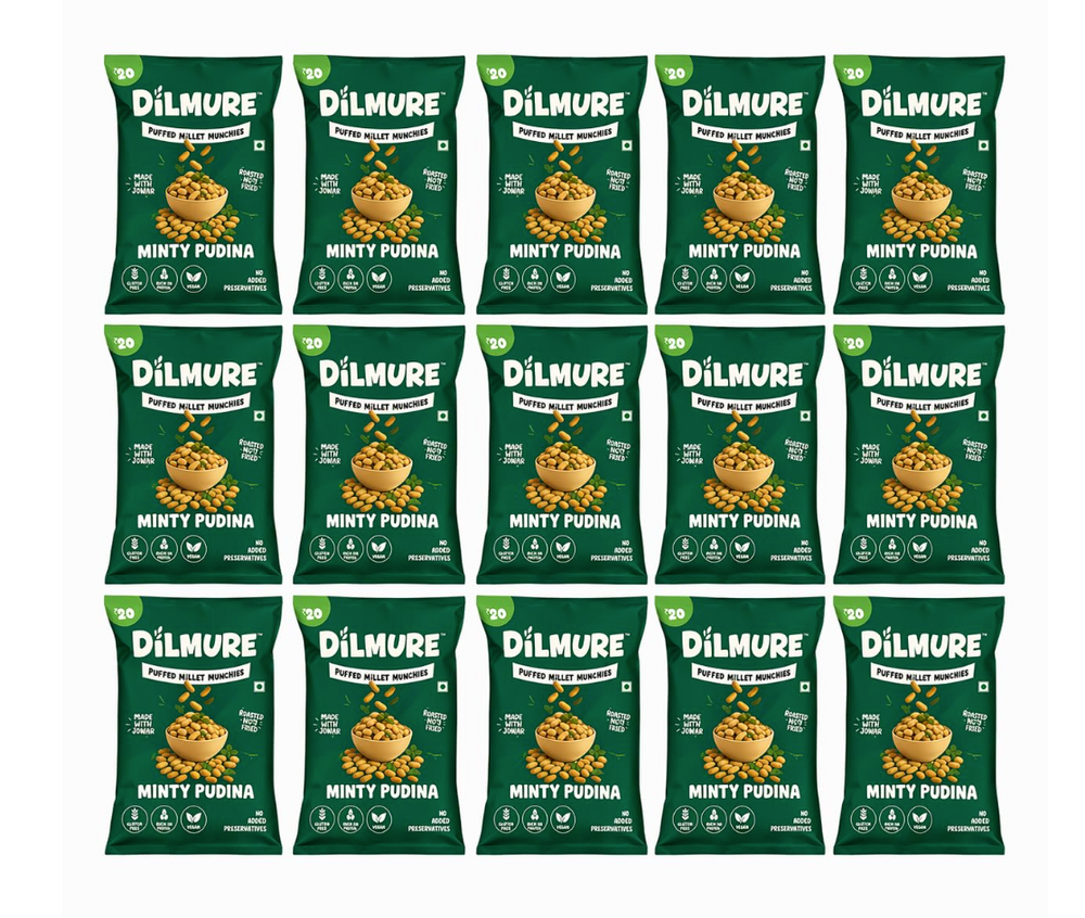 Dilmure Jowar Puffs – Minty Pudina Millet Munchies 25G | Roasted Not Fried Snacks For Kids & Adults | No Preservatives, No MSG, No Maltodextrin | Palm Oil Free | Zero Cholestrol, Zero Transfat | Healthy Indian Snack (Pack of 15)