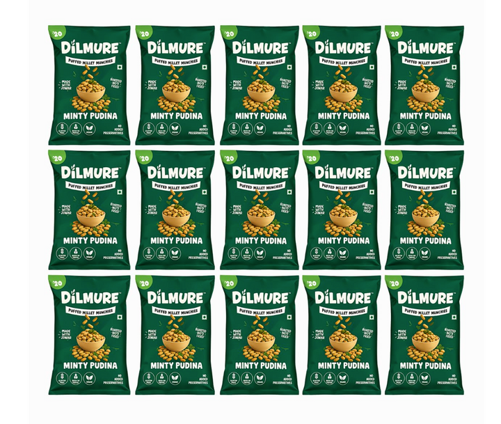 Dilmure Jowar Puffs – Minty Pudina Millet Munchies 25G | Roasted Not Fried Snacks For Kids & Adults | No Preservatives, No MSG, No Maltodextrin | Palm Oil Free | Zero Cholestrol, Zero Transfat | Healthy Indian Snack (Pack of 15)