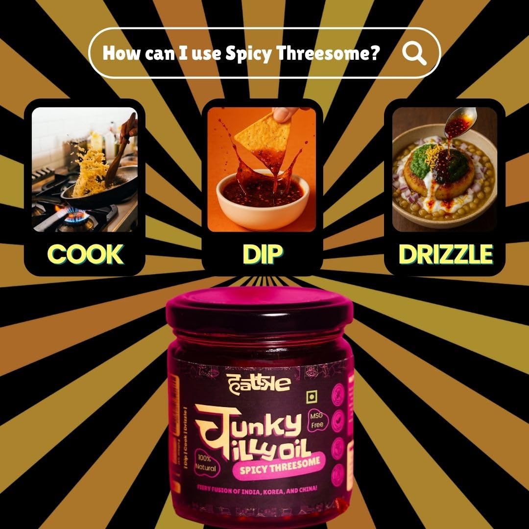 Hattke Chunky Chilli Oil Spicy Threesome 175gm | 100% Vegetarian | Natural & Fresh Ingredients | No Preservatives | Vegan | No Artificial Colours or Flavours | Chilli Paste