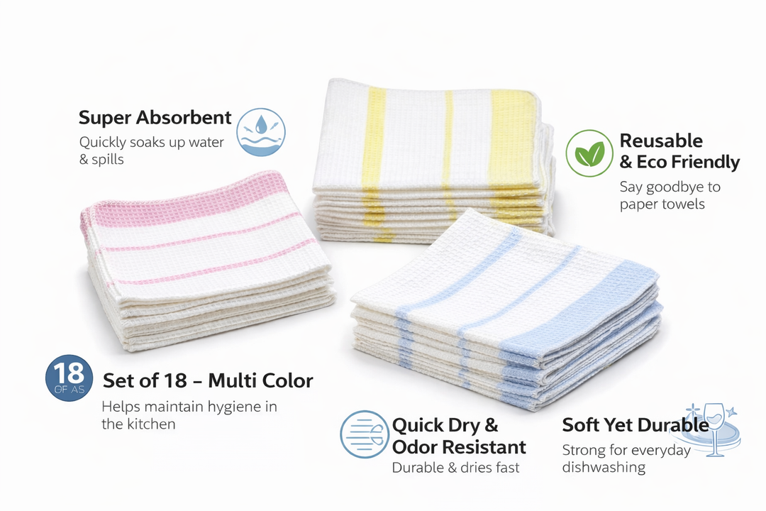 Country Village Waffle Cotton Dish Towels – Multi-Color (Pack of 18)