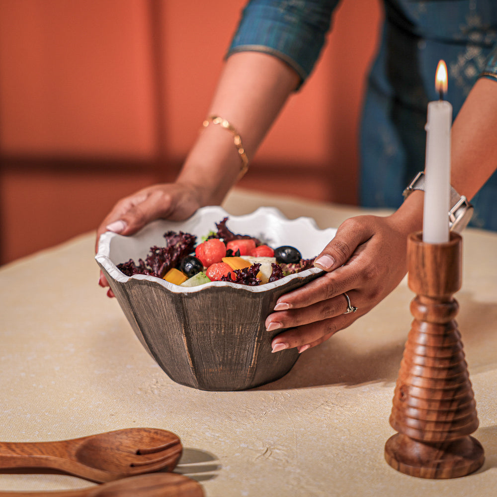 IREKA HOME Celest Mango Wood Multipurpose Serving Bowl with White Enamel Finish | Handcrafted Wooden Bowl for Fruits, Snacks & Table Décor | 20x10 cm
