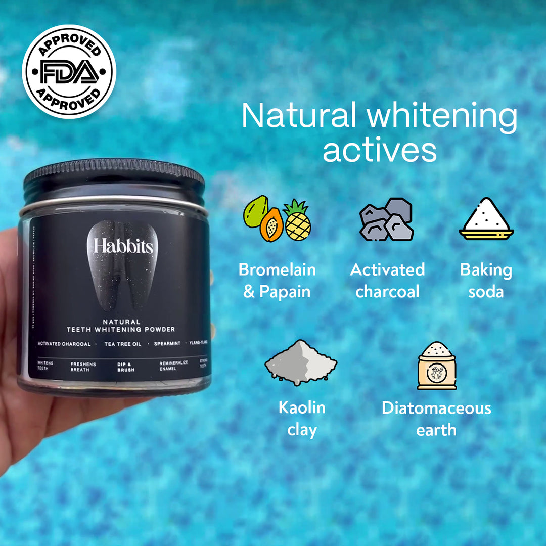 Habbits Whitening Toothpaste (100g) + Teeth Whitening Powder (50g) Combo | 2 Plant-Based Wheat Straw Toothbrush | Long Lasting Freshness | n-HAp & Hyaluronic Acid | Fluoride & Peroxide Free