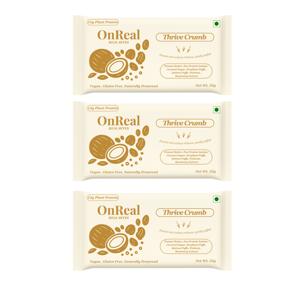 OnReal Foods Thrive Crumb Plant-Based Protein Bars | 15g Protein | No Refined Sugar | High Fiber | Peanut Butter & Walnut | Made with Jowar & Quinoa | Vegan & Gluten-Free