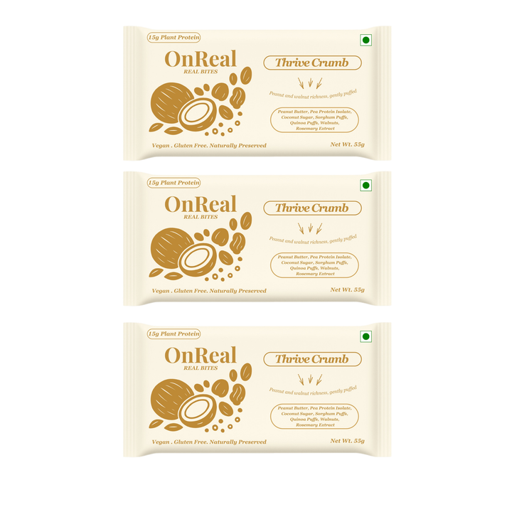 OnReal Foods Thrive Crumb Plant-Based Protein Bars | 15g Protein | No Refined Sugar | High Fiber | Peanut Butter & Walnut | Made with Jowar & Quinoa | Vegan & Gluten-Free