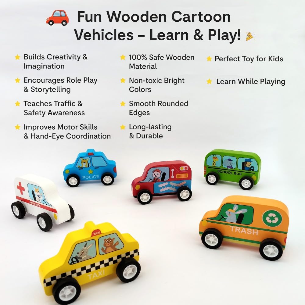 Wudly Wooden Car set (Police, Taxi , Fire fighter, School bus, Ambulance, Trash 