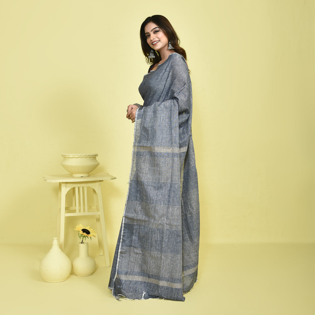 Grey Pure Linen Saree with Metallic Border