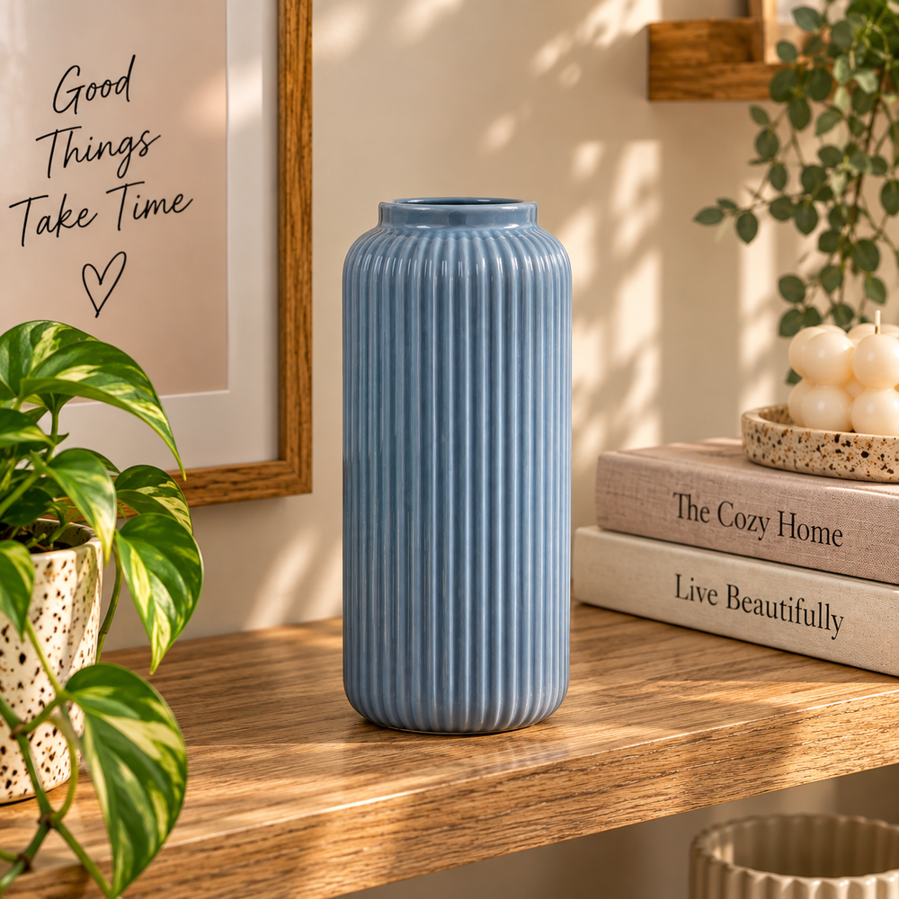 Bleu Cotele – Tall Blue Ribbed Ceramic Vase