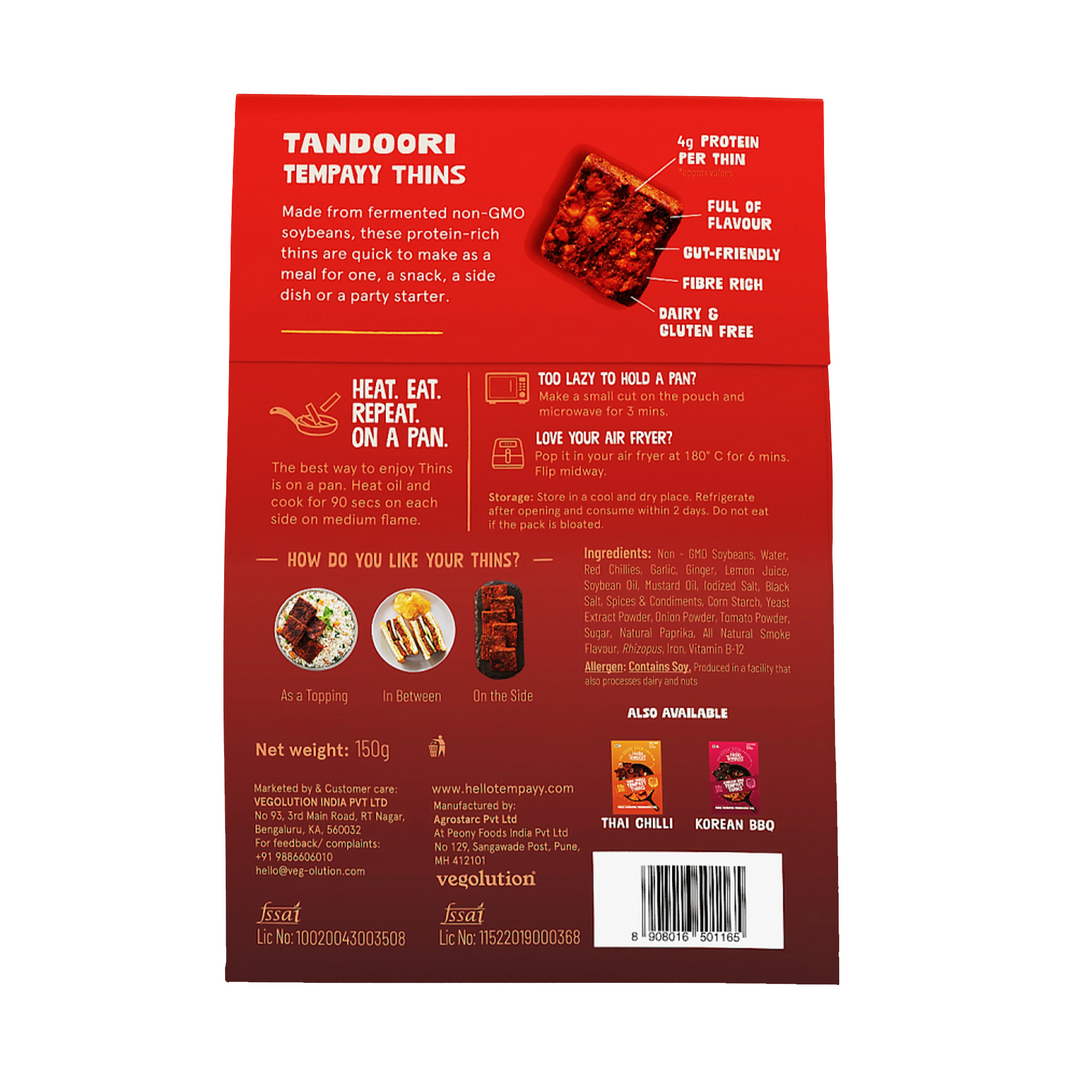 Hello Tempayy Tandoori Tempeh Thins-Protein Rich, Heat & Eat - 150 gm