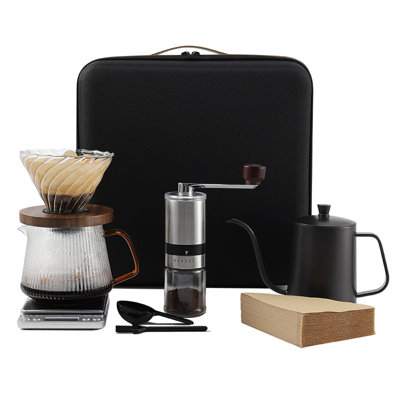 Pour Over Coffee Set with Travel Bag | Gooseneck Pour Over Kettle| Glass Dripper with Carafe| V02 Filter 100 Pcs | Manual Coffee Grinder | Weighing scale |Coffee Scoop with Cleaning Brush