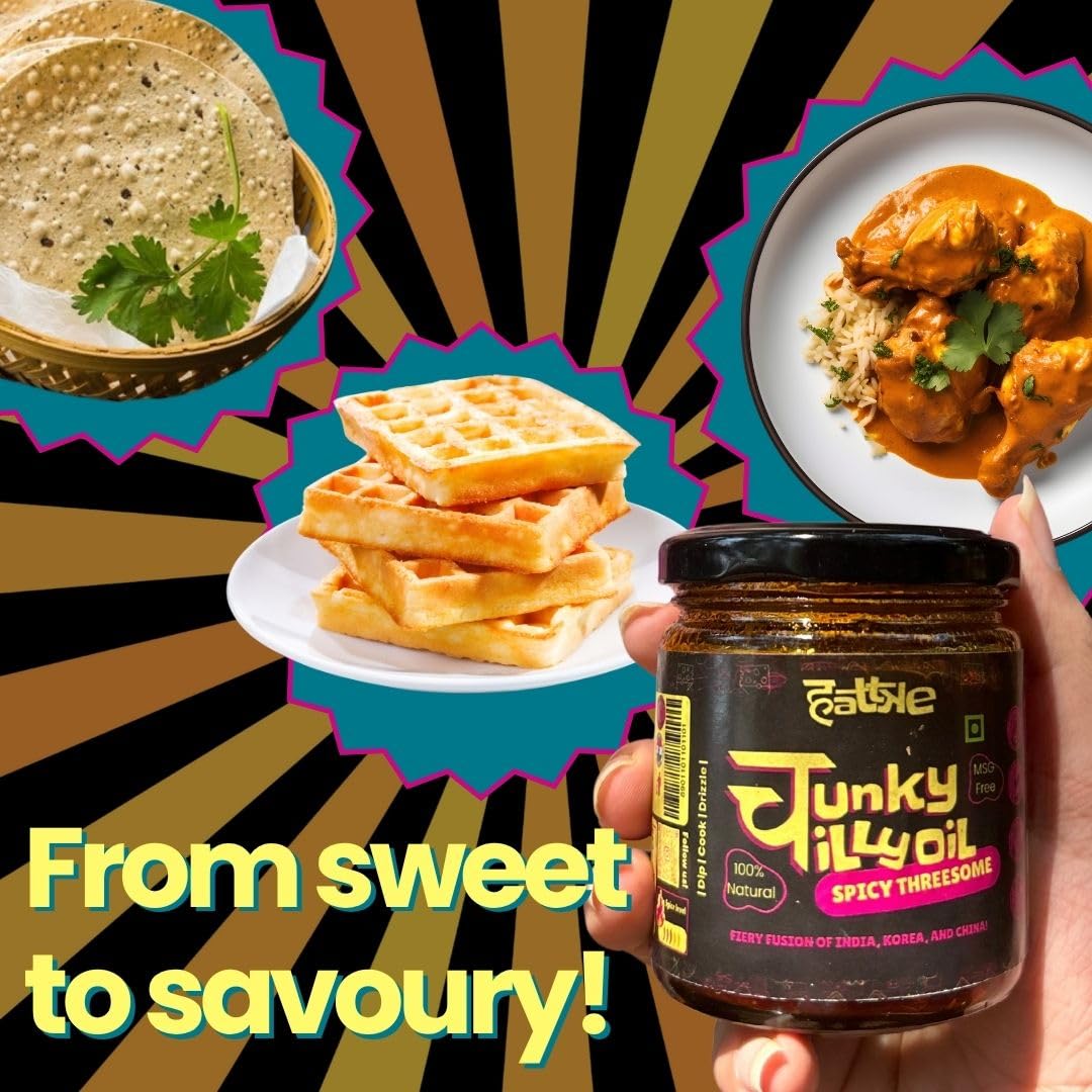 Hattke Chunky Chilli Oil Spicy Threesome 175gm | 100% Vegetarian | Natural & Fresh Ingredients | No Preservatives | Vegan | No Artificial Colours or Flavours | Chilli Paste