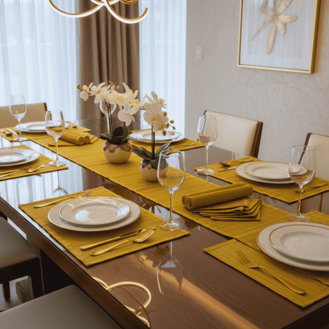 Silpakarman Zari Bamboo Table Runner with Placematss | Sun Yellow with Canary Zari Weave