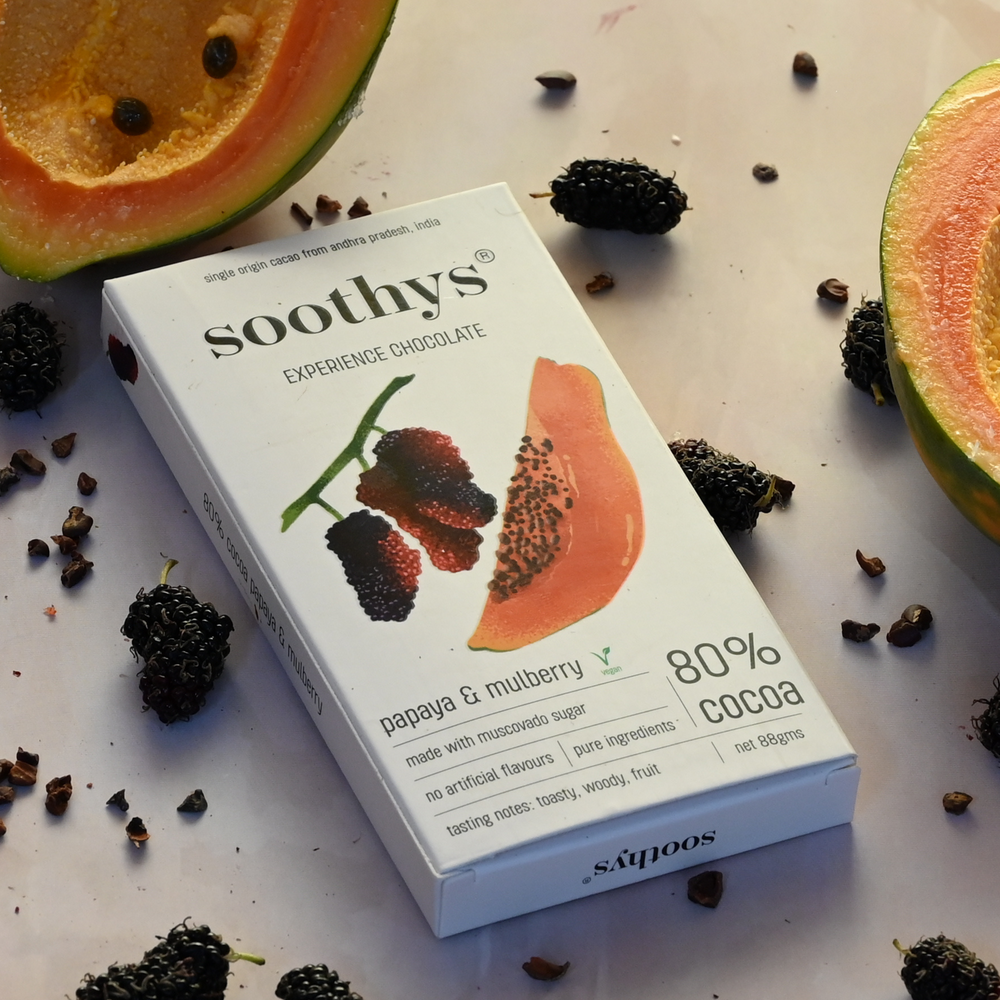 Soothys 80% Dark Vegan Chocolate Bar | Mulberry & Papaya | 88 g