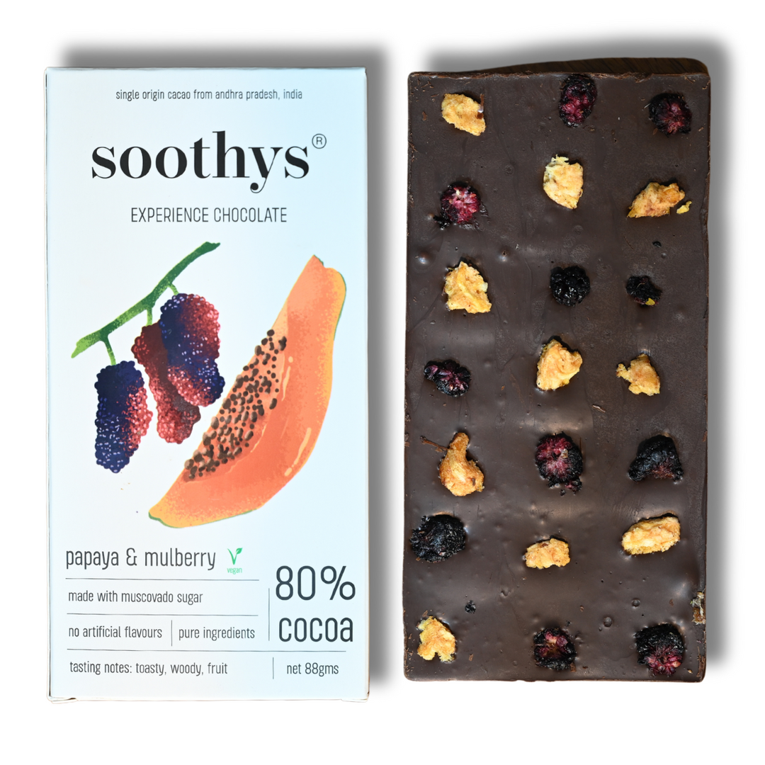 Soothys 80% Dark Vegan Chocolate Bar | Mulberry & Papaya | 88 g