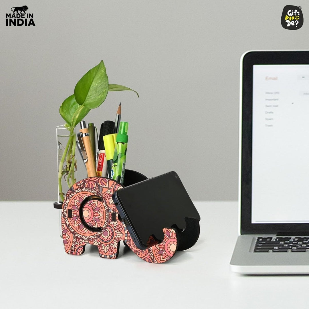 Gift Kya De Elephant Shaped Wooden Pen Holder & Mobile Stand | Mandala Art Design | Also with Test Tube Planter