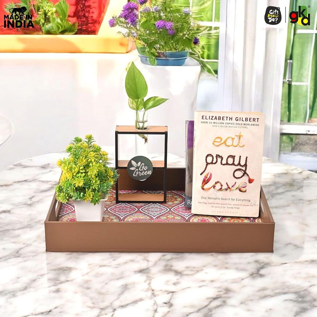 Wooden Serving Tray with 4 Free Coasters – 11x15 Inch Tea, Coffee & Snack Tray – Tray with Handles for Home, Kitchen & Dining