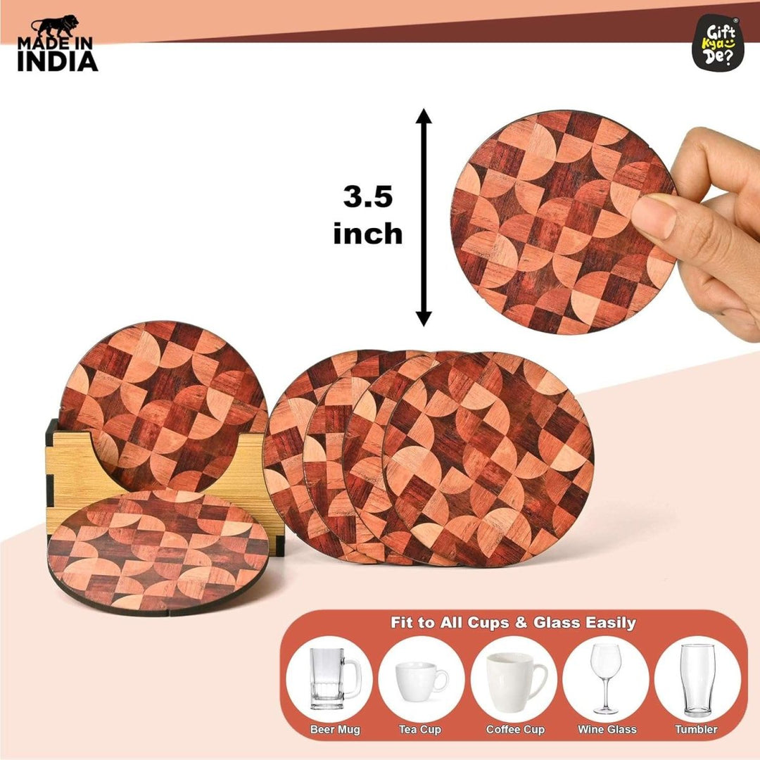 Gift Kya De Coaster Set of 6 Woody Design | Wooden Coasters With Coaster Stand | Kitchen Accessories (Ecofriendly)