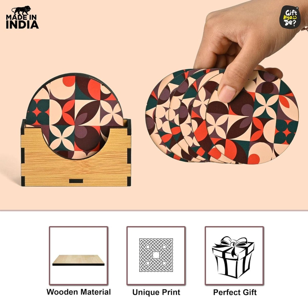 Gift Kya De Coaster Set of 6 Modern Art Design | Wooden Coasters to Serve Tea Cups, Coffee Mugs and Glasses