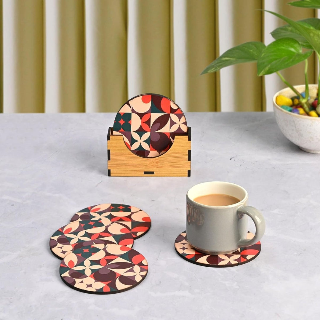 Gift Kya De Coaster Set of 6 Modern Art Design | Wooden Coasters to Serve Tea Cups, Coffee Mugs and Glasses