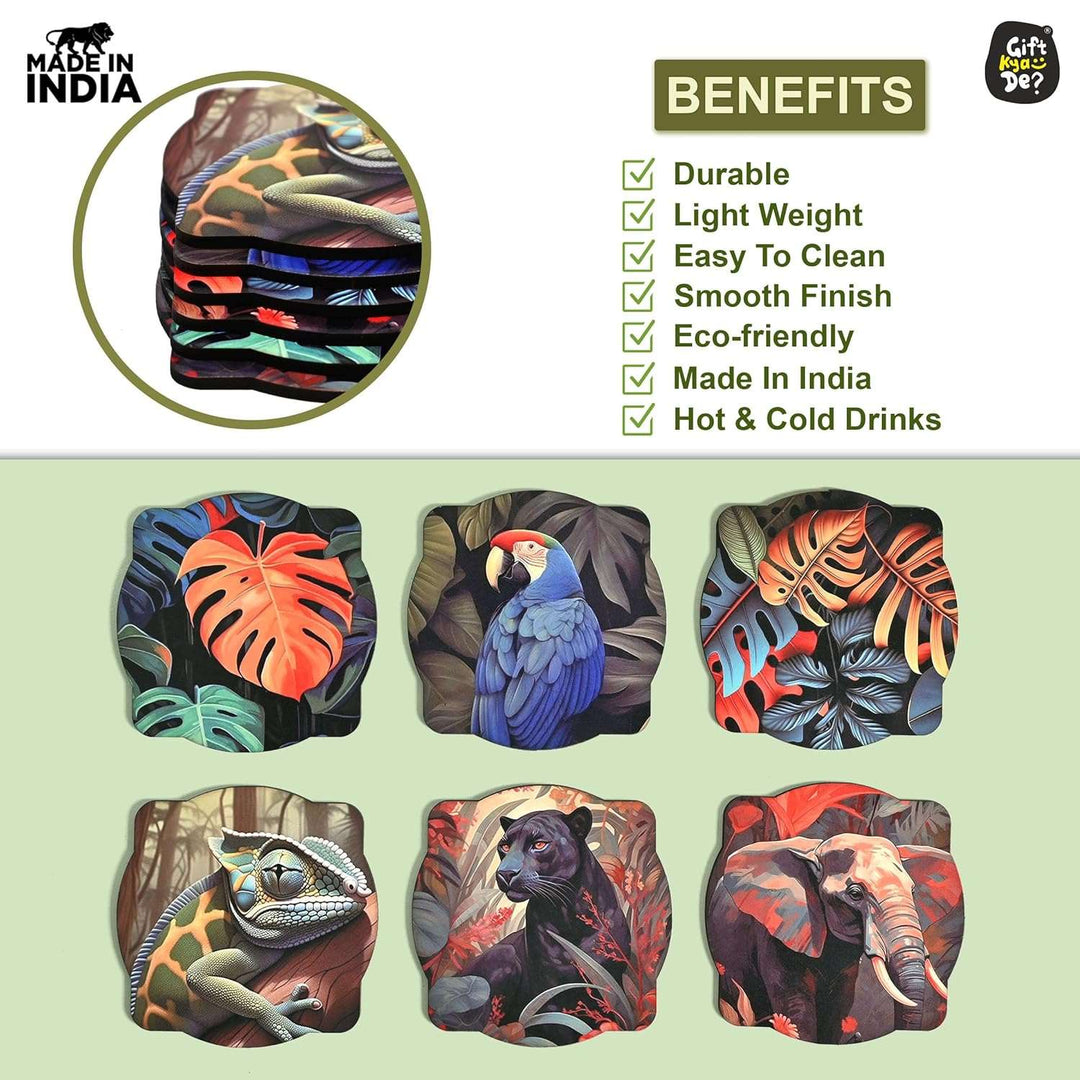 Gift Kya De Coaster Set of 6 Unique Birds & Jungle Theme Design | Wooden Coasters to Serve Tea Cups, Coffee Mugs and Glasses (Ecofriendly)