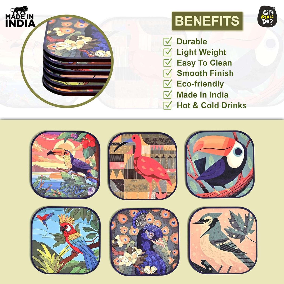 Gift Kya De Coaster Set of 6 Unique Birds & Jungle Theme Design | Wooden Coasters to Serve Tea Cups, Coffee Mugs and Glasses (Ecofriendly)