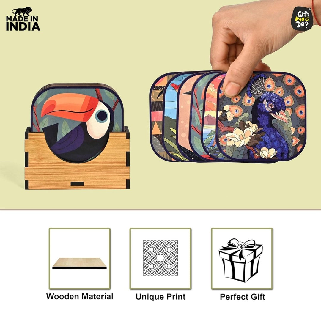 Gift Kya De Coaster Set of 6 Unique Birds & Jungle Theme Design | Wooden Coasters to Serve Tea Cups, Coffee Mugs and Glasses (Ecofriendly)