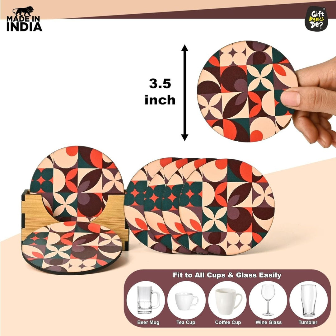 Gift Kya De Coaster Set of 6 Modern Art Design | Wooden Coasters to Serve Tea Cups, Coffee Mugs and Glasses