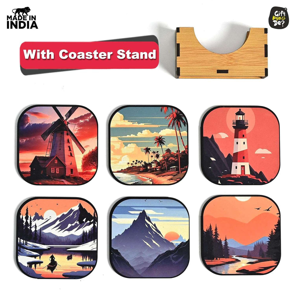 Gift Kya De Coaster Set of 6 Nature & Travel Theme Design | Wooden Coasters to Serve Tea Cups, Coffee Mugs and Glasses