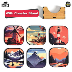 Gift Kya De Coaster Set of 6 Nature & Travel Theme Design | Wooden Coasters to Serve Tea Cups, Coffee Mugs and Glasses