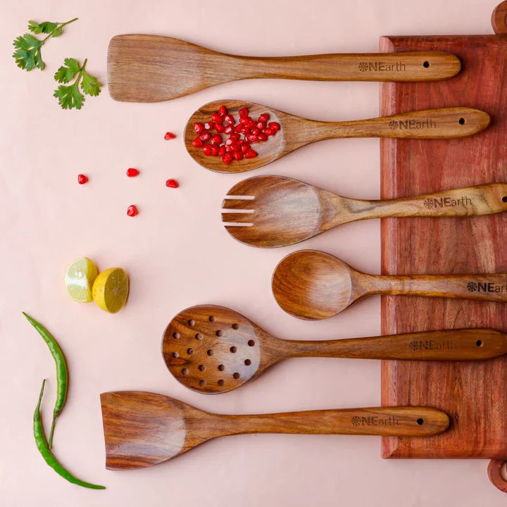 ONEarth Wooden Cooking & Serving Spoon Set | Teak Wood | 6 Pieces