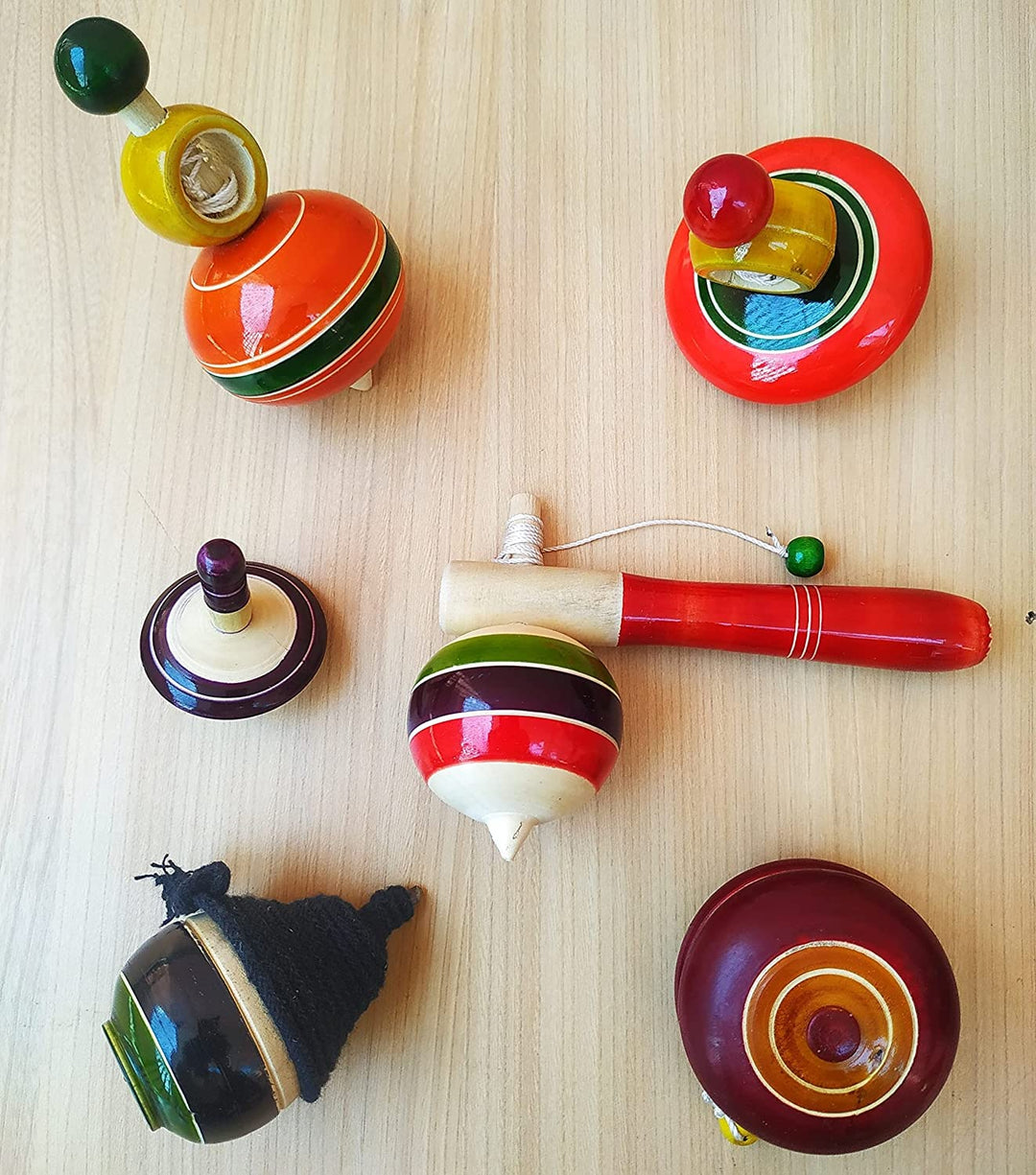 Channapatna Toys Wooden Spinning Tops Toys Combo Pack of 6 pcs for Kids (3 Years+) - Lattu Spinning Toy Wood - Multicolor - Curiosity & Fine Motor Skills