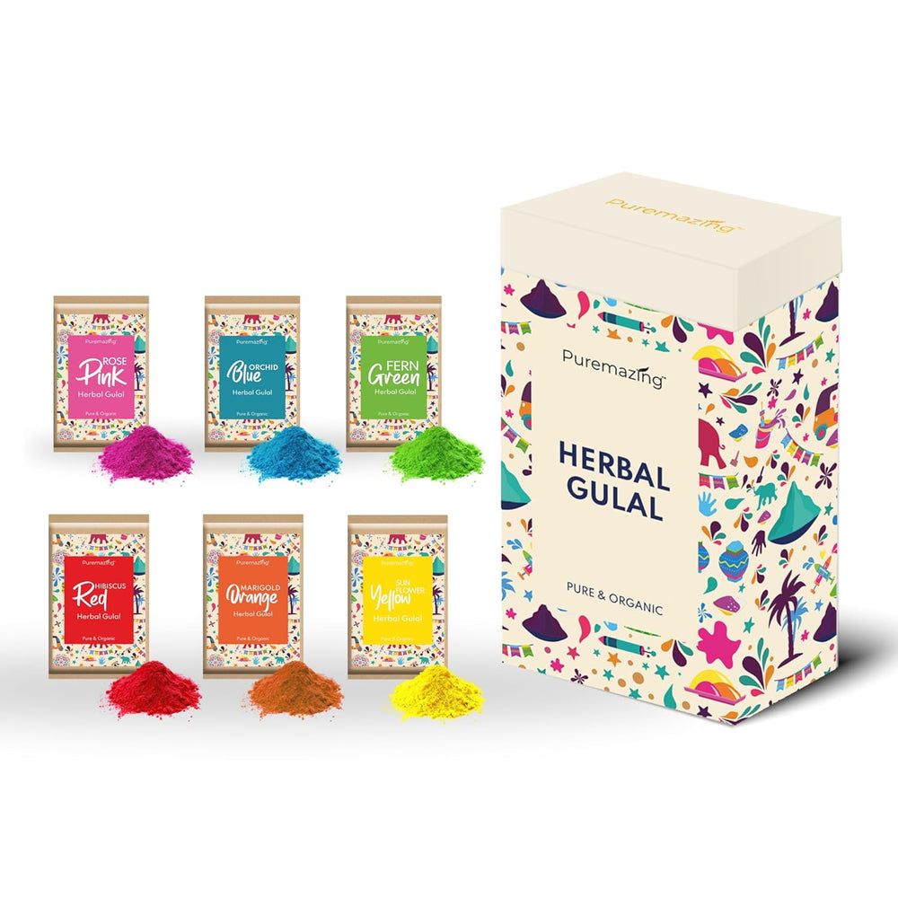 Puremazing by Imvelo Organic Holi Colour - Scented Herbal Gulal Colour with Flower Petals, Washable & Skin Safe Holi Colors Powder, Holi ke Rang - Natural Holi Gulal Pack of 6 (80gm Each, Multi)