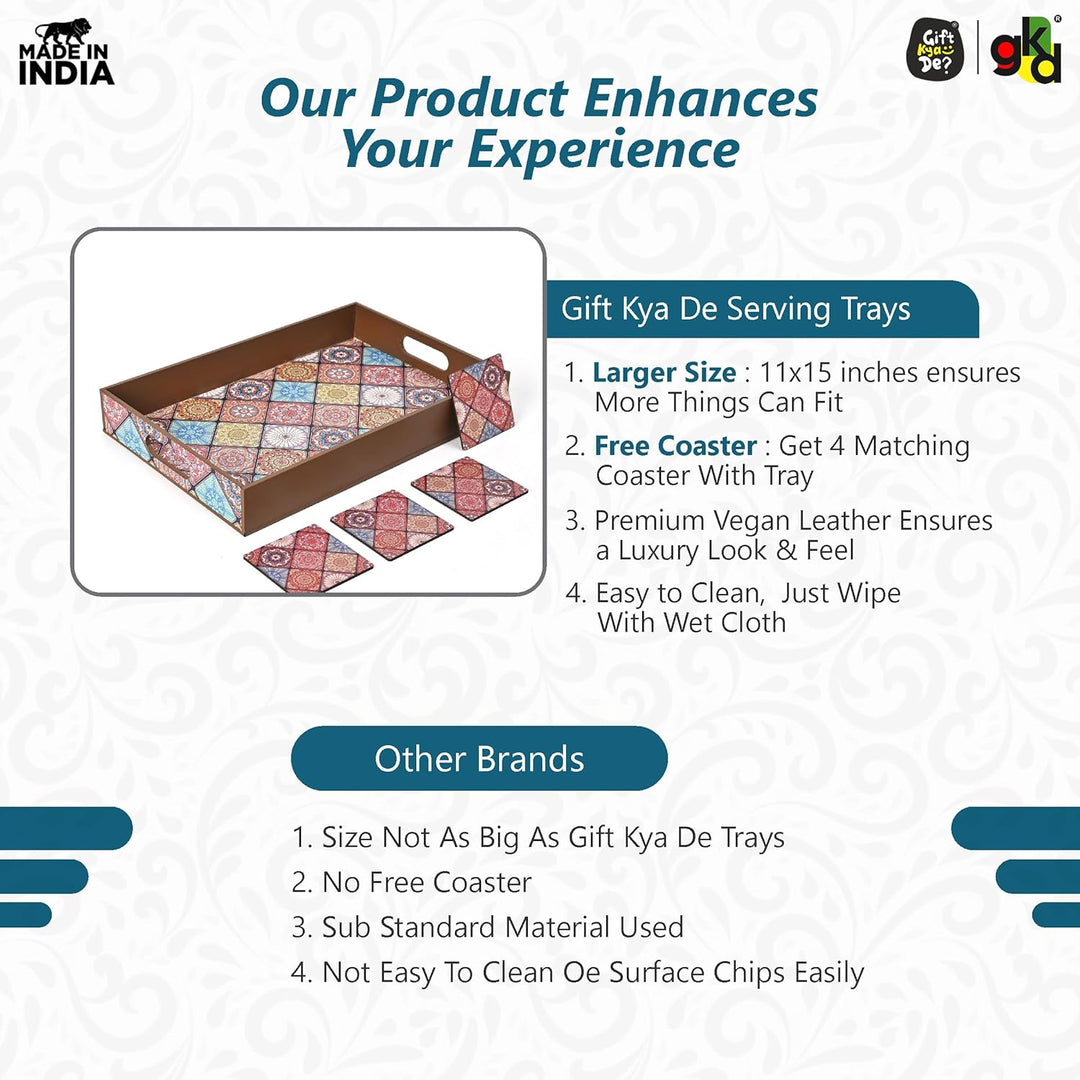 Wooden Serving Tray with 4 Free Coasters – 11x15 Inch Tea, Coffee & Snack Tray – Tray with Handles for Home, Kitchen & Dining