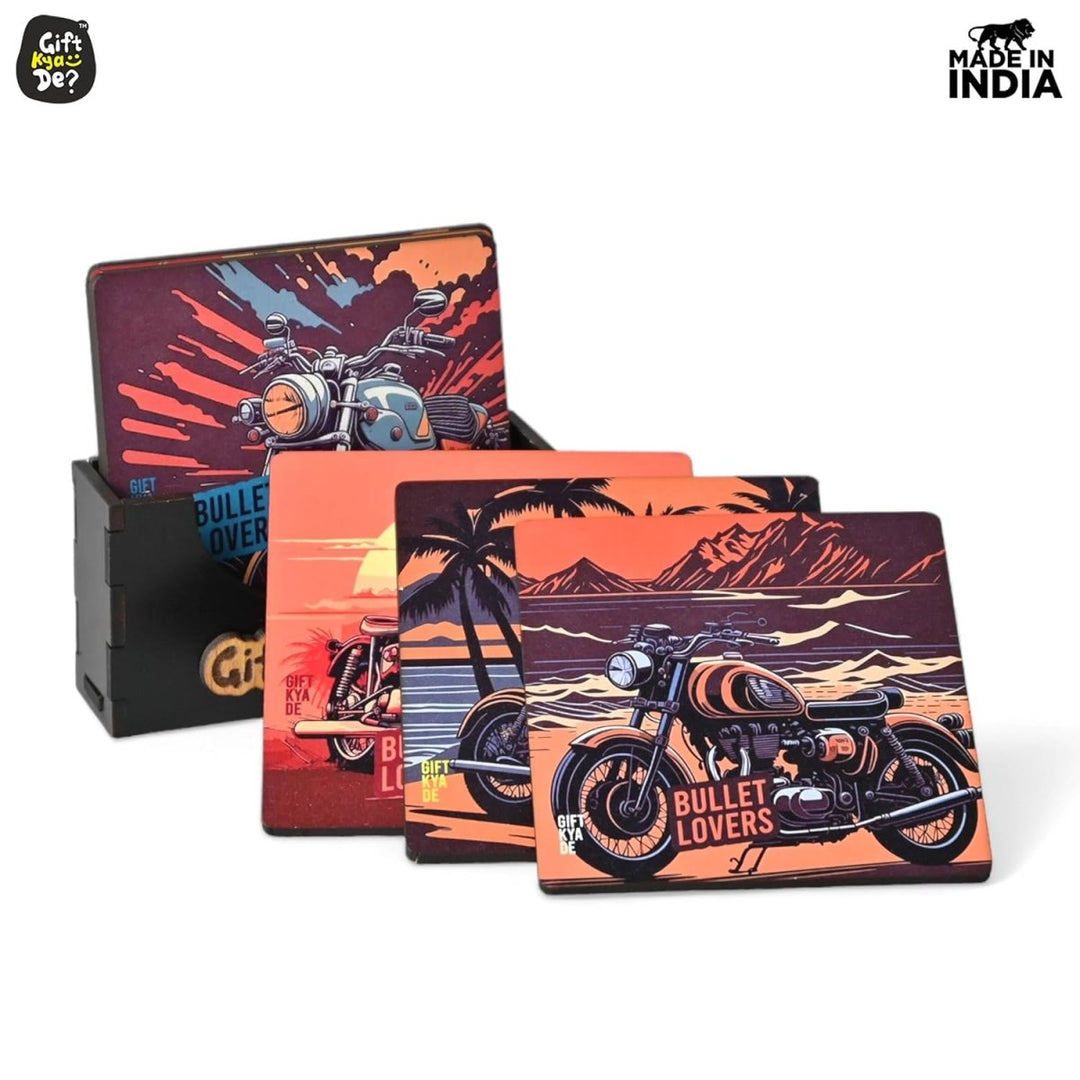 Gift Kya De Coaster Set of 6 Bullet Bike & Thar Car Lover | Gifts with Proper Coaster Stand | Set fit for Tea Cups, Coffee Mugs and Glasses (Square 10 x 10 cm)