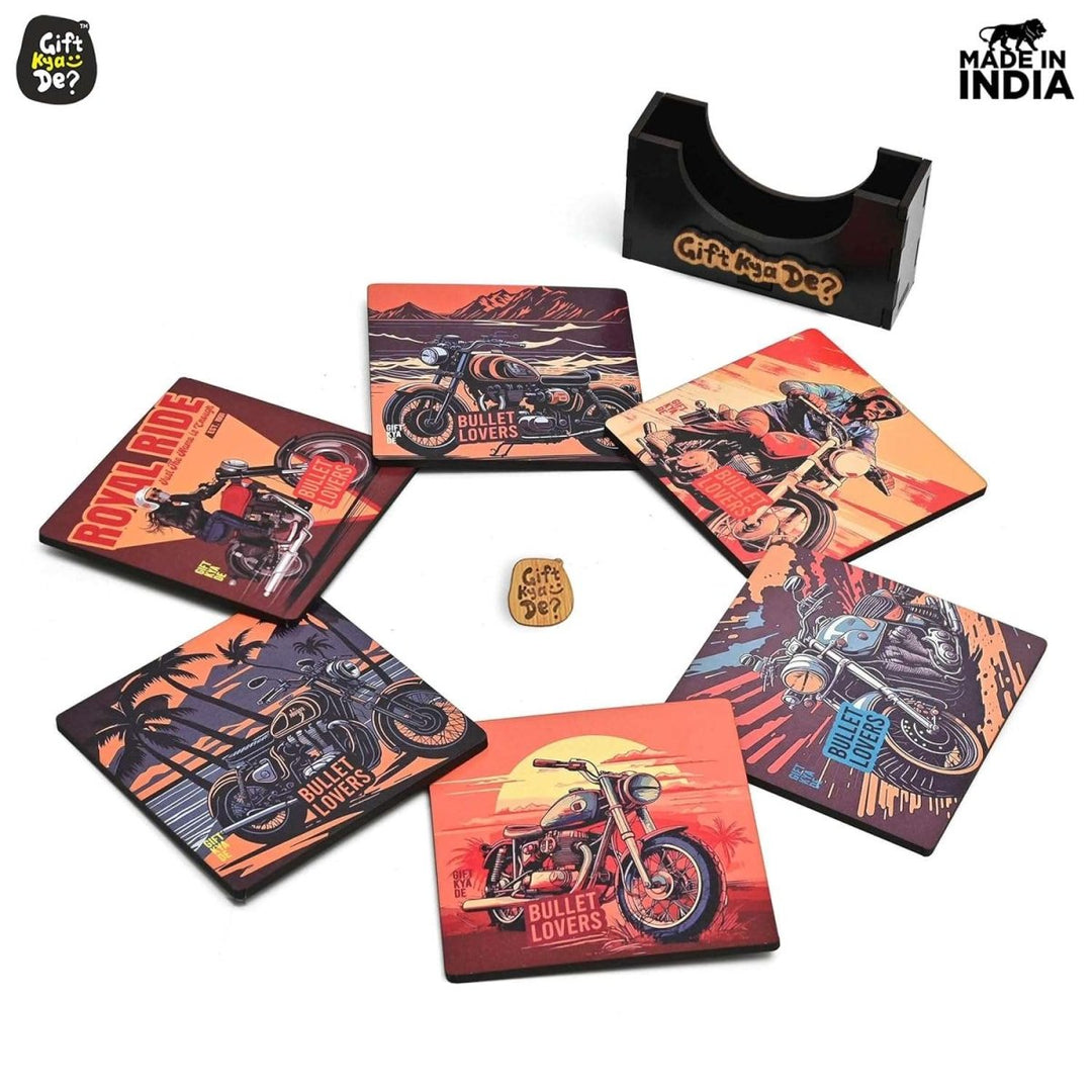 Gift Kya De Coaster Set of 6 Bullet Bike & Thar Car Lover | Gifts with Proper Coaster Stand | Set fit for Tea Cups, Coffee Mugs and Glasses (Square 10 x 10 cm)