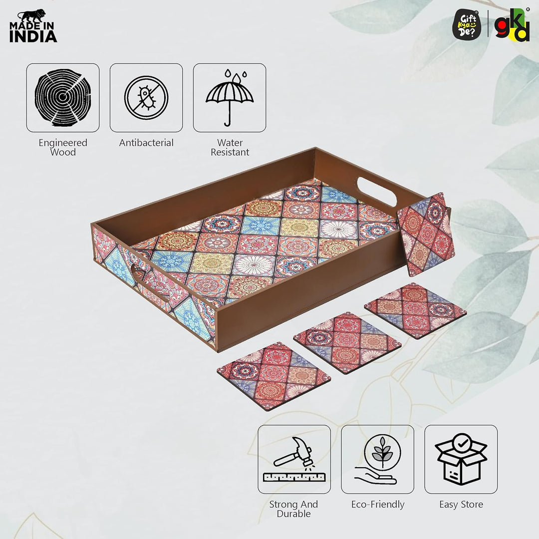 Wooden Serving Tray with 4 Free Coasters – 11x15 Inch Tea, Coffee & Snack Tray – Tray with Handles for Home, Kitchen & Dining